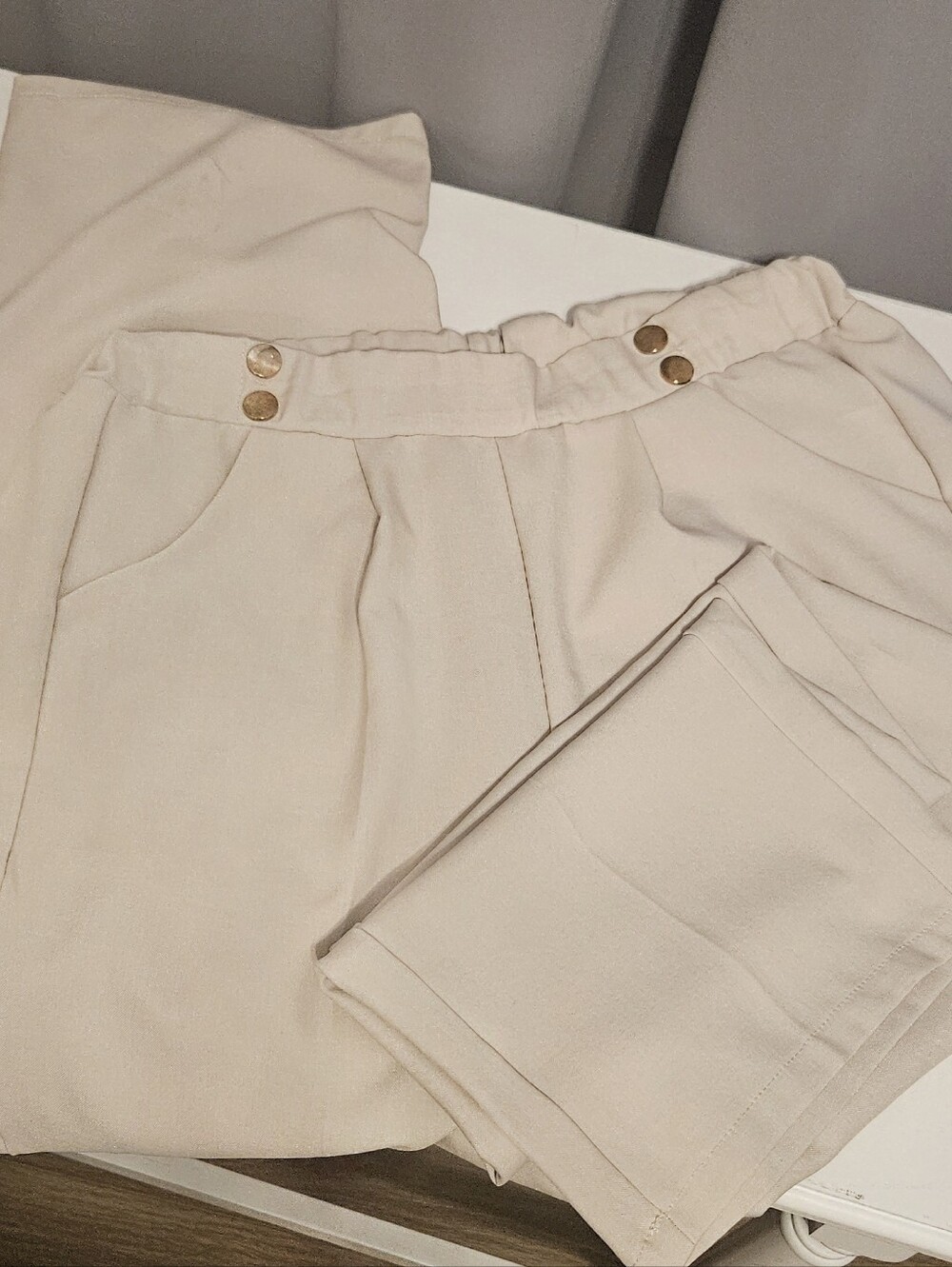 High-Waist Cream Trousers with Gold Buttons